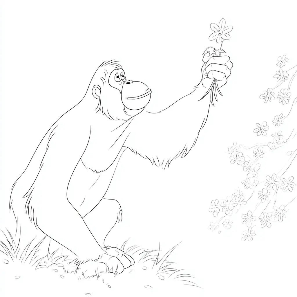 Dibujo de orangután con una flor para colorear Dibujo de orangután con una flor para colorear