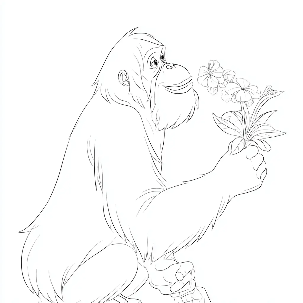 Dibujo de orangután oliendo una flor para colorear Dibujo de orangután oliendo una flor para colorear