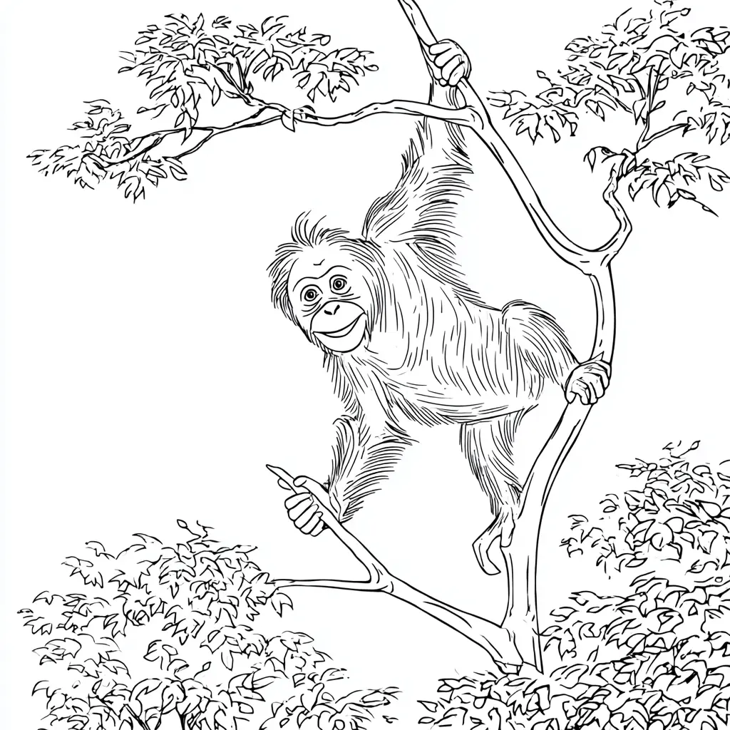 Dibujo de orangután entre ramas para colorear Dibujo de orangután entre ramas para colorear