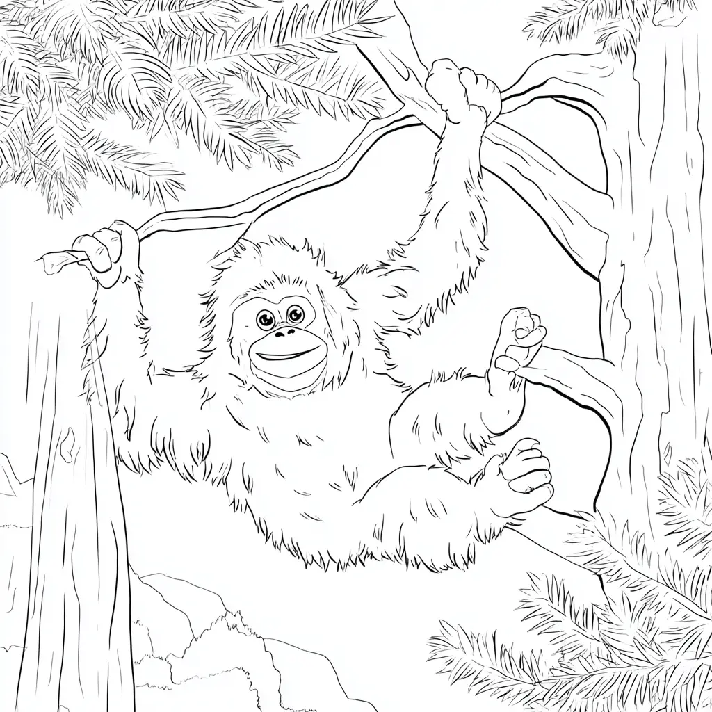 Dibujo de orangután agarrado a un árbol para colorear Dibujo de orangután agarrado a un árbol para colorear