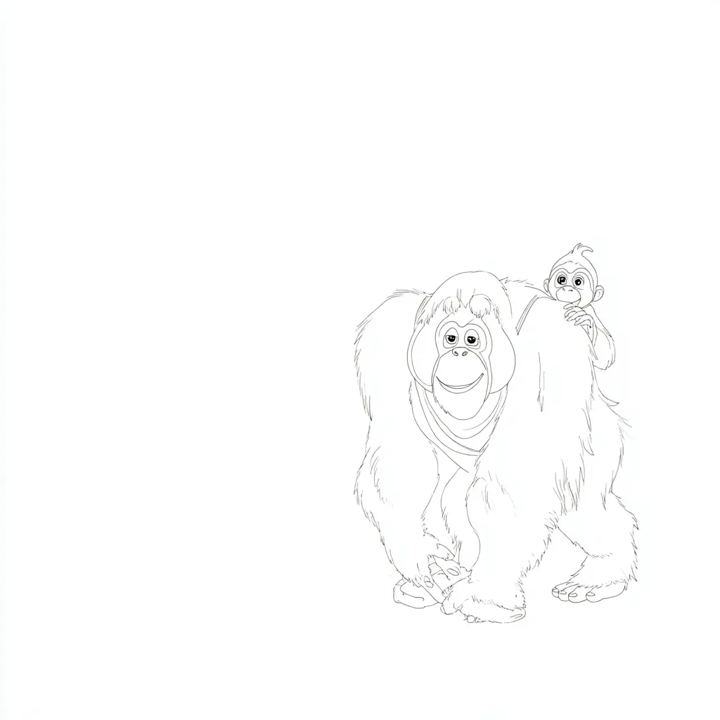 Dibujo de trazos finos de orangután y bebé para colorear Dibujo de trazos finos de orangután y bebé para colorear