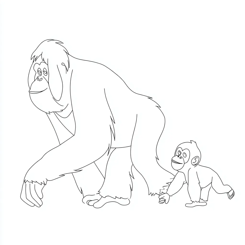 Dibujo de orangután y bebé caminando para colorear Dibujo de orangután y bebé caminando para colorear