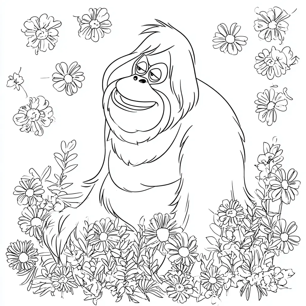 Dibujo de orangután entre flores para colorear Dibujo de orangután entre flores para colorear