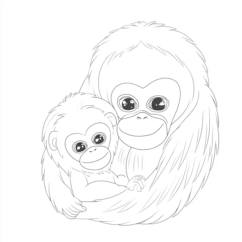 Dibujo de orangután y bebé kawaii para colorear Dibujo de orangután y bebé kawaii para colorear
