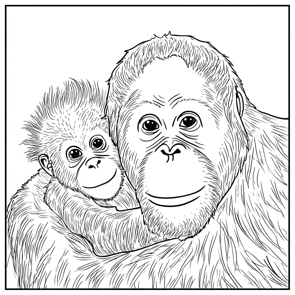 Dibujo de retrato de orangután y bebé para colorear Dibujo de retrato de orangután y bebé para colorear