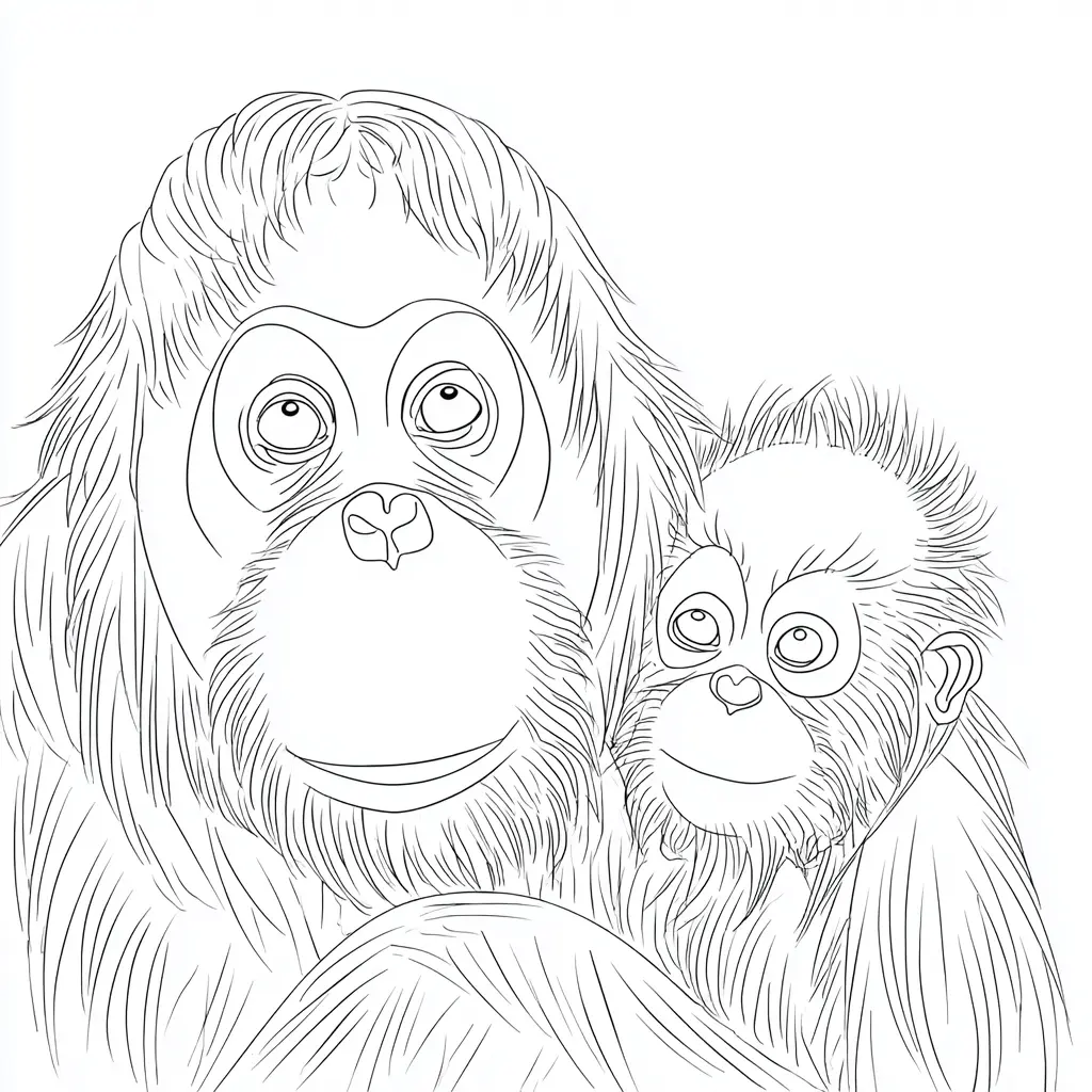Dibujo de orangután y bebé de pelos largos para colorear Dibujo de orangután y bebé de pelos largos para colorear