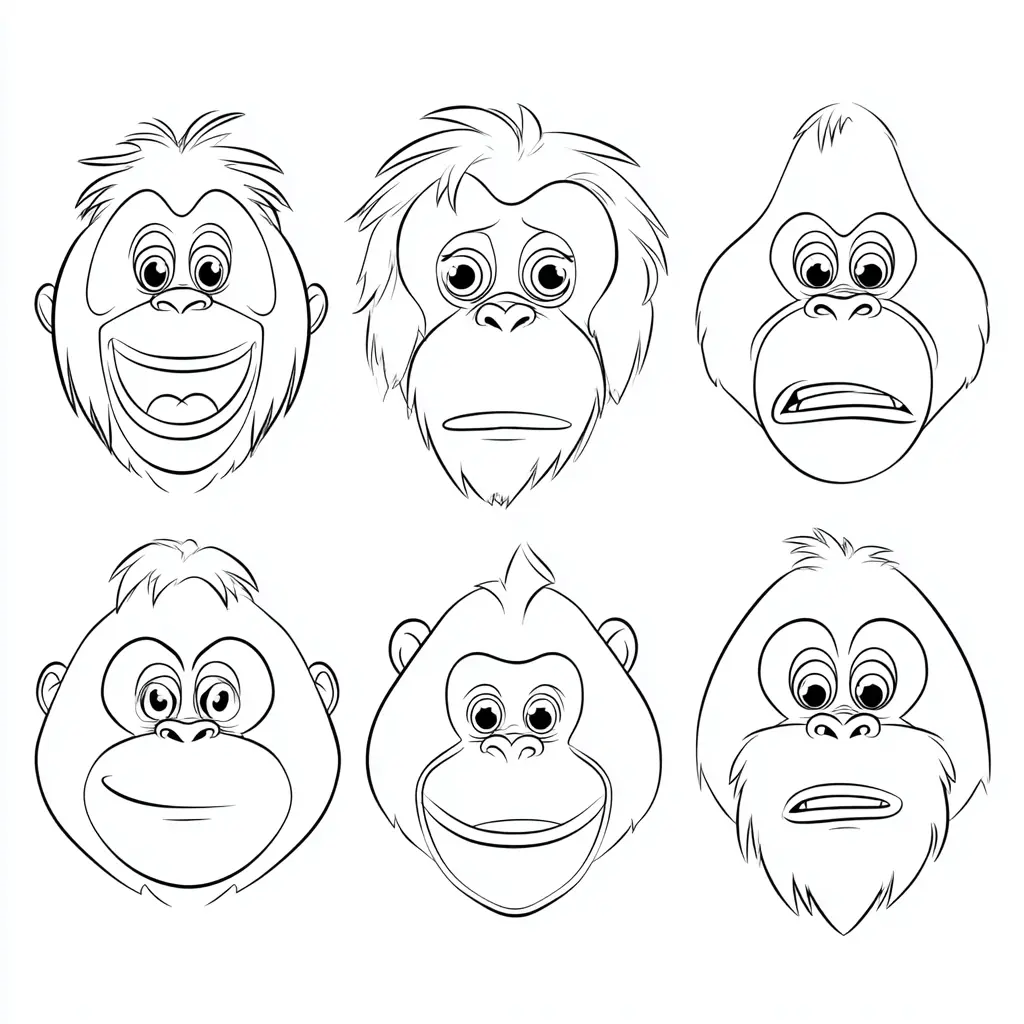 Dibujo de diferentes caras de orangután para colorear Dibujo de diferentes caras de orangután para colorear