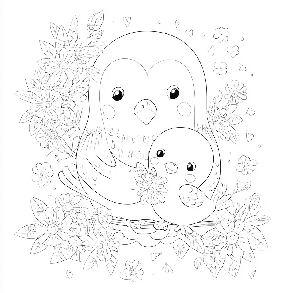 Dibujo de pájaro y polluelo kawaii florales para colorear Dibujo de pájaro y polluelo kawaii florales para colorear