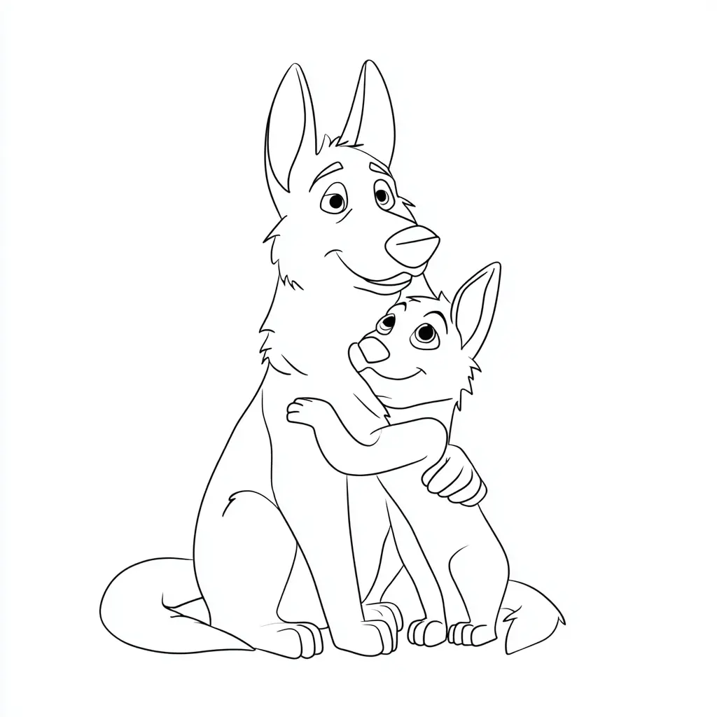 Dibujo de pastor alemán y cachorro cartoon abrazados para colorear Dibujo de pastor alemán y cachorro cartoon abrazados para colorear