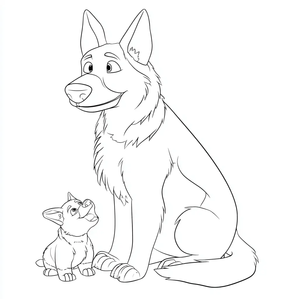 Dibujo de pastor alemán y cachorro estilo infantil para colorear Dibujo de pastor alemán y cachorro estilo infantil para colorear