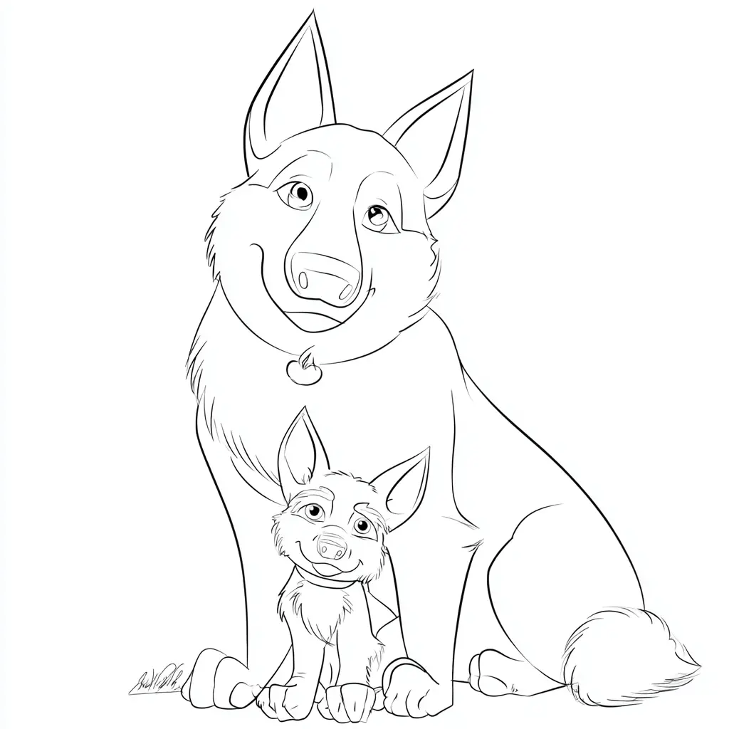 Dibujo de pose tierno de cachorro y pastor alemán para colorear Dibujo de pose tierno de cachorro y pastor alemán para colorear