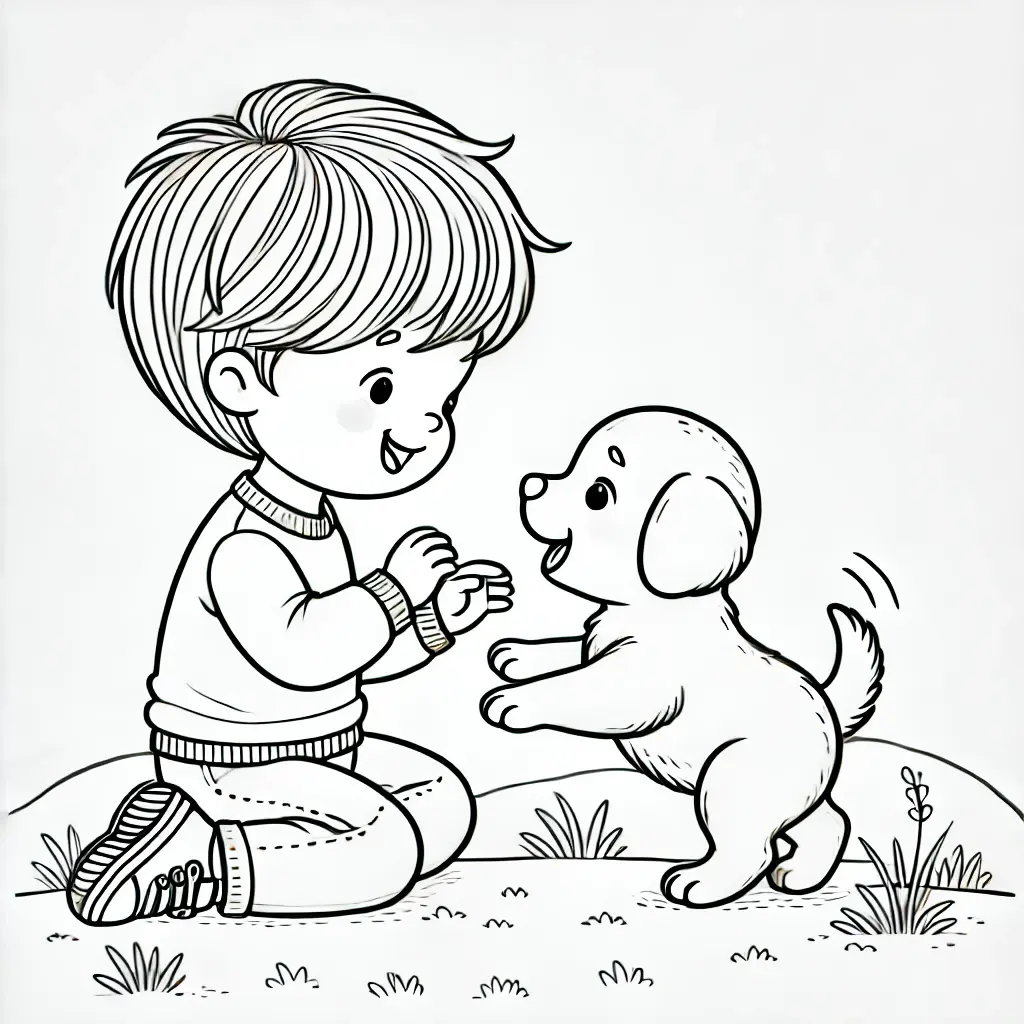 Dibujo de niño jugando con perrito para colorear