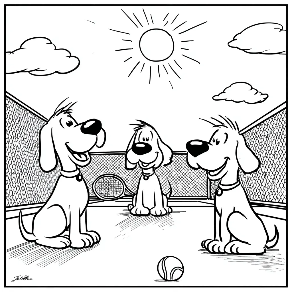 Dibujo de tres perros jugando al sol para colorear