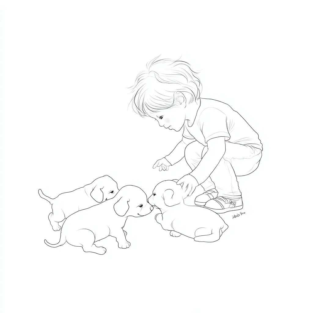 Dibujo de niño cuidando de perritos para colorear