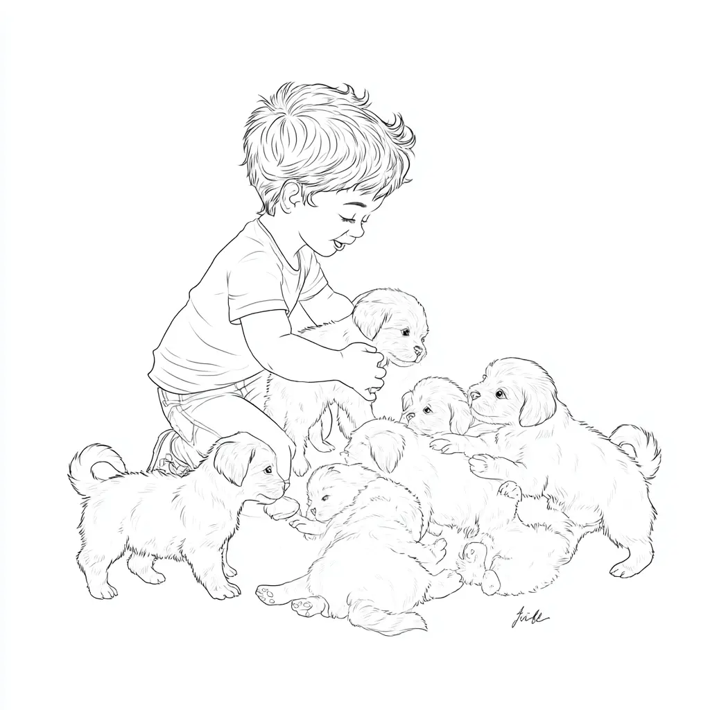 Dibujo de niño jugando con perritos para colorear