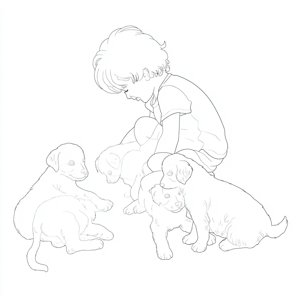 Dibujo de niño con perritos para colorear