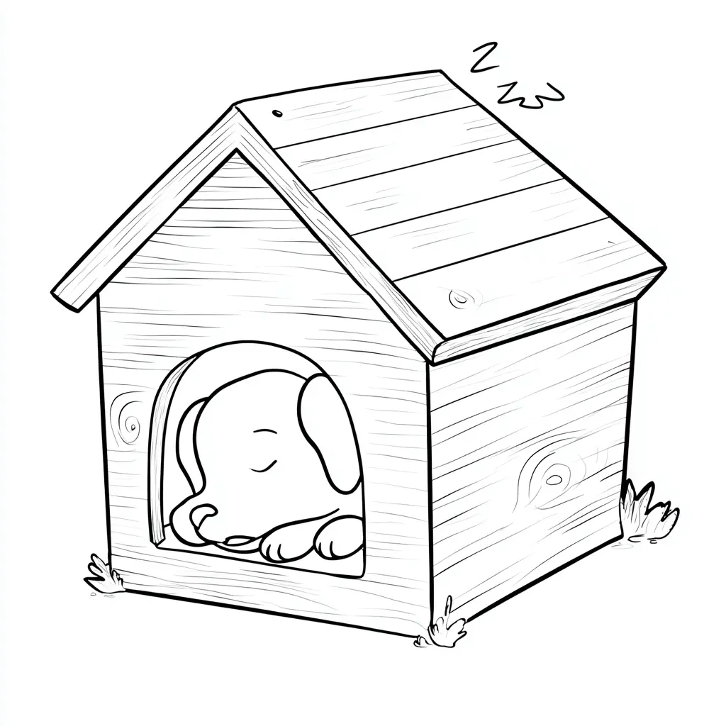Dibujo de perro durmiendo en su caseta para colorear