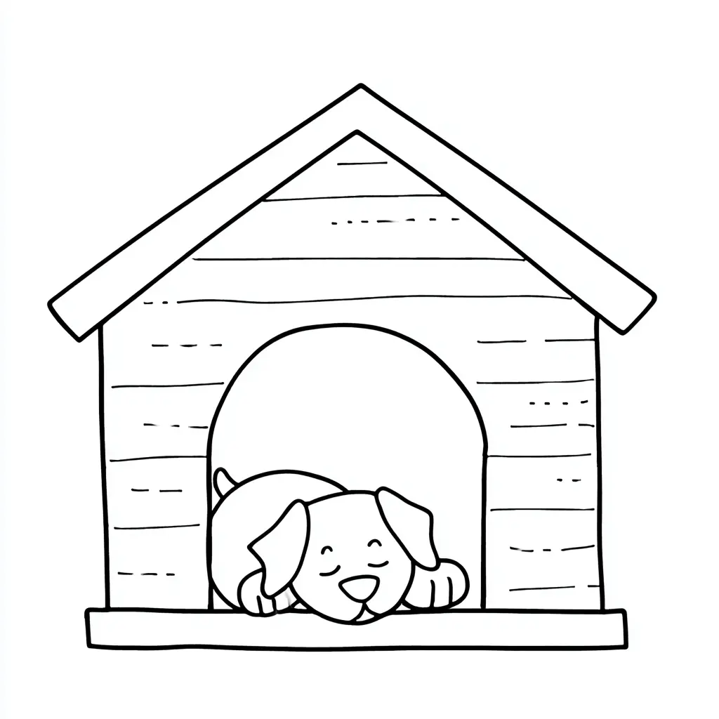 Dibujo de perro y cucha mininalista para colorear