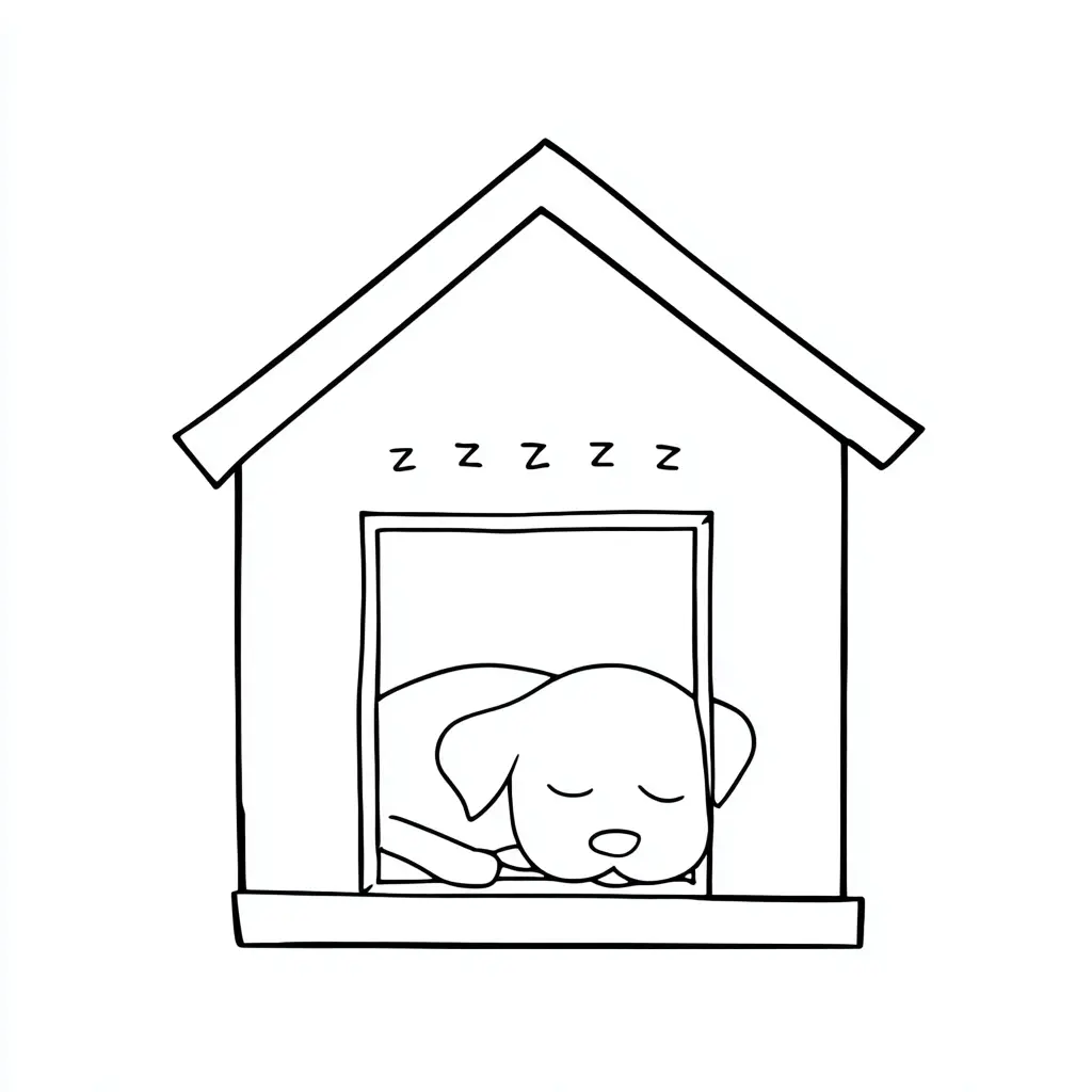 Dibujo de caseta simple con perro dormido para colorear