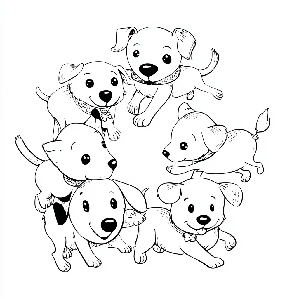 Dibujo de seis perritos jugando para colorear
