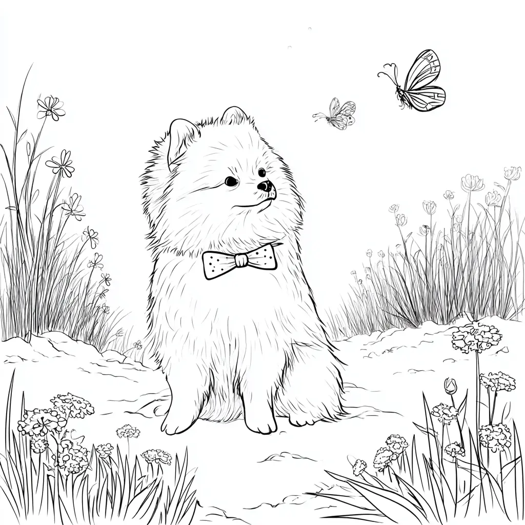 Dibujo de pomerania en prado con mariposas para colorear Dibujo de pomerania en prado con mariposas para colorear