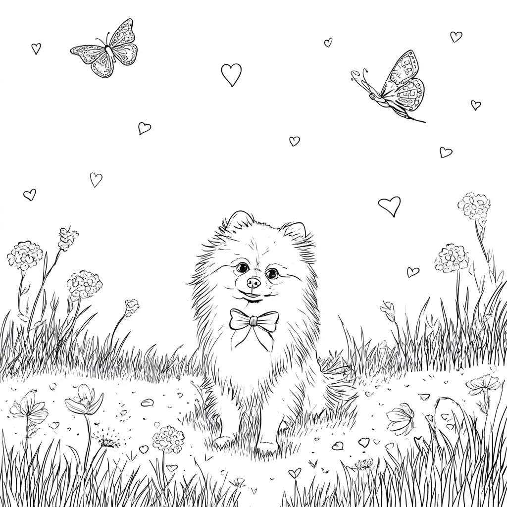 Dibujo de pomerania con flores y mariposas para colorear Dibujo de pomerania con flores y mariposas para colorear
