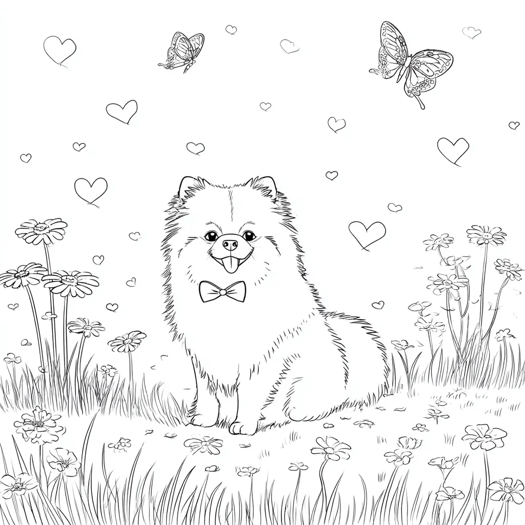 Dibujo de paisaje realista con pomerania para colorear Dibujo de paisaje realista con pomerania para colorear