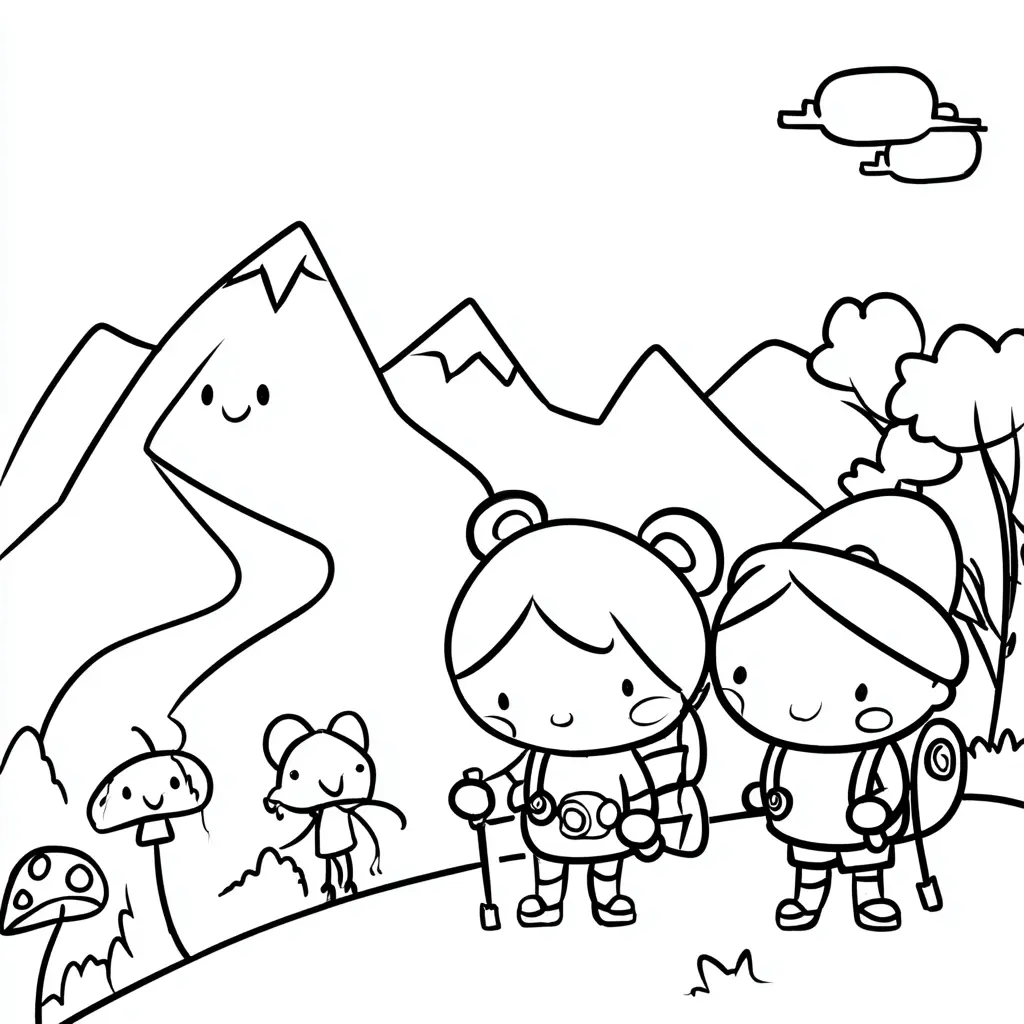 Dibujo de aventuras cartoon en la montaña para colorear Dibujo de aventuras cartoon en la montaña para colorear