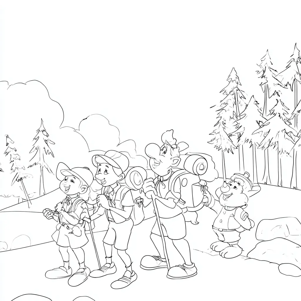 Dibujo de grupo simpático de senderistas para colorear Dibujo de grupo simpático de senderistas para colorear