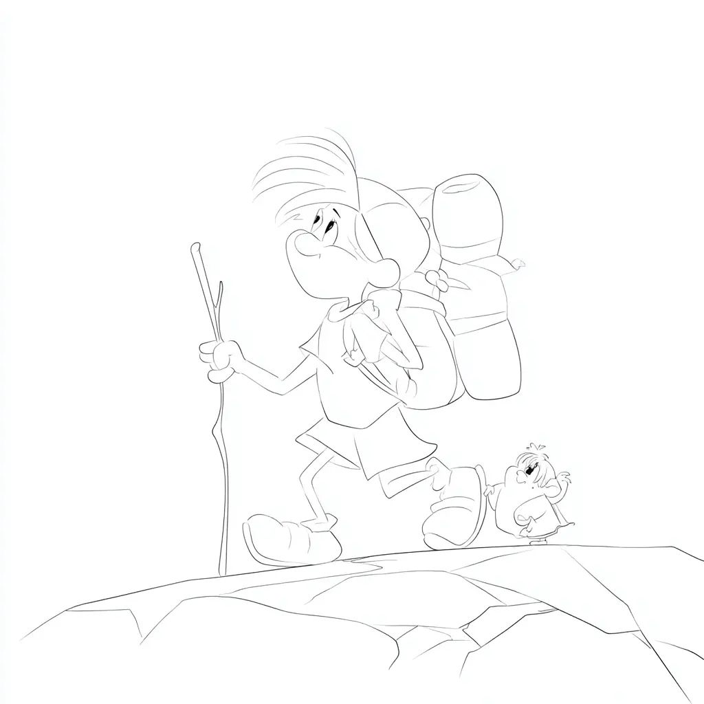 Dibujo de senderista y ángel estilo cartoon para colorear Dibujo de senderista y ángel estilo cartoon para colorear
