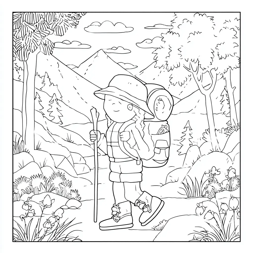 Dibujo de senderista en el bosque para colorear Dibujo de senderista en el bosque para colorear