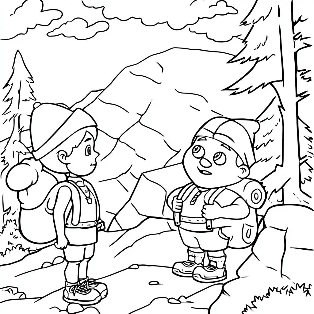Dibujo de dos senderistas en la naturaleza para colorear Dibujo de dos senderistas en la naturaleza para colorear