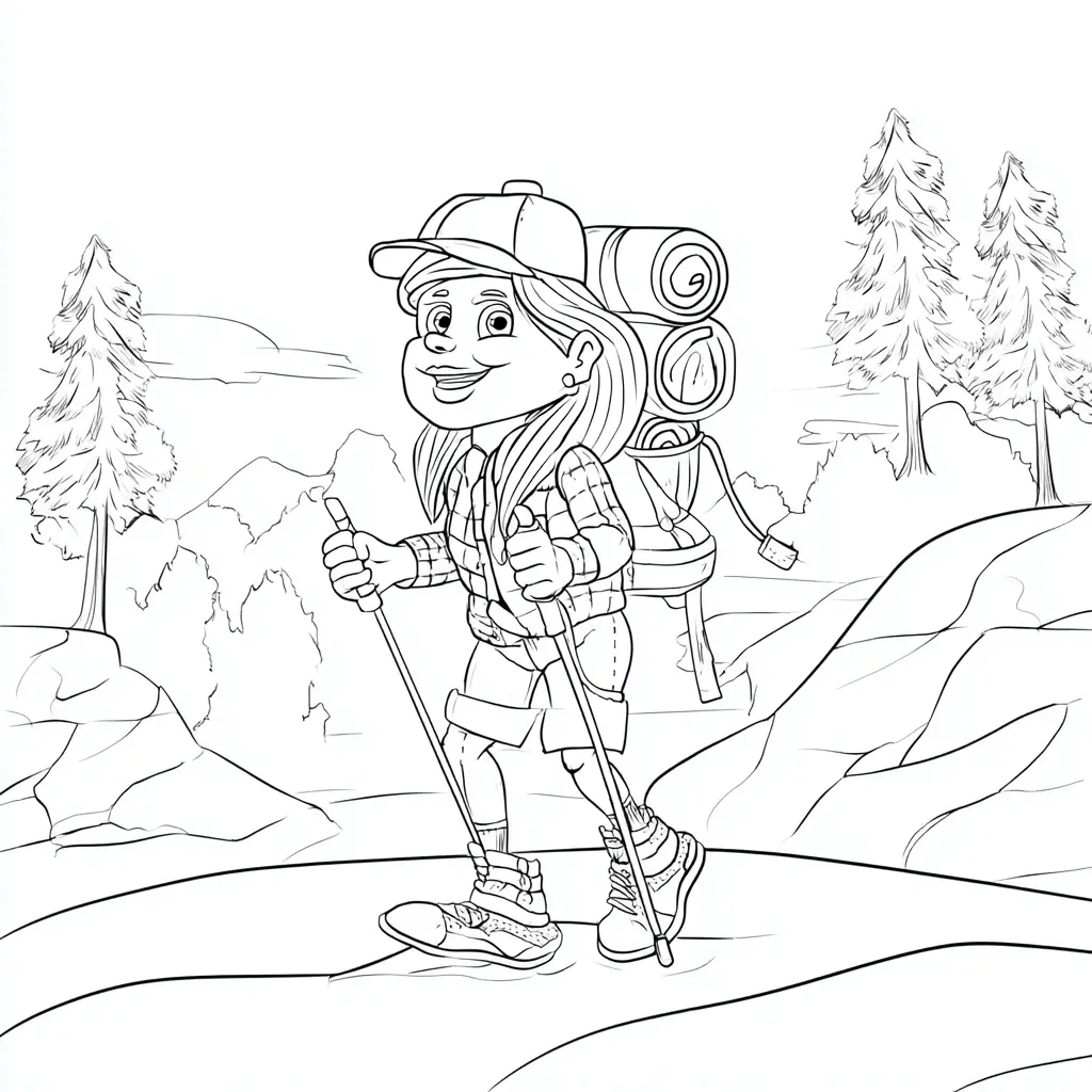 Dibujo de una senderista caminando por los pinos para colorear Dibujo de una senderista caminando por los pinos para colorear