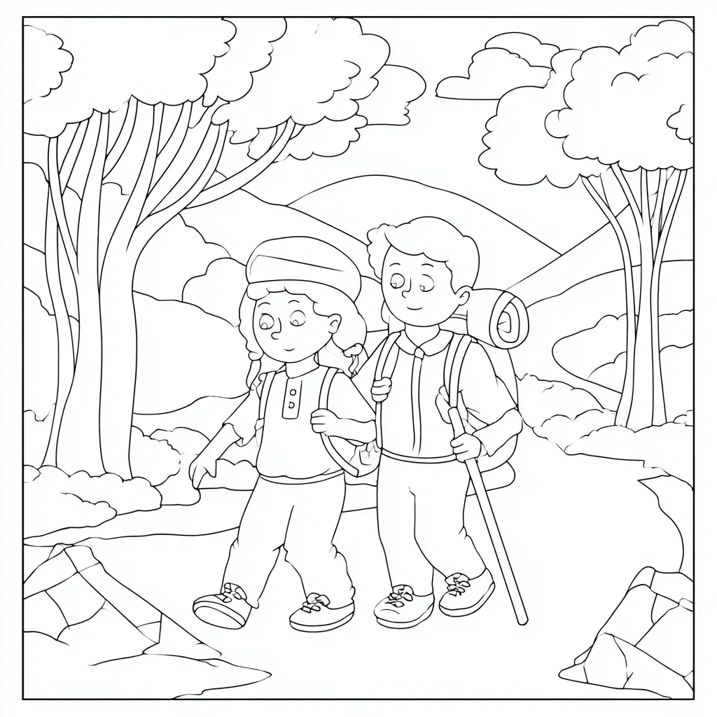 Dibujo de dos excursionistas por el campo para colorear Dibujo de dos excursionistas por el campo para colorear