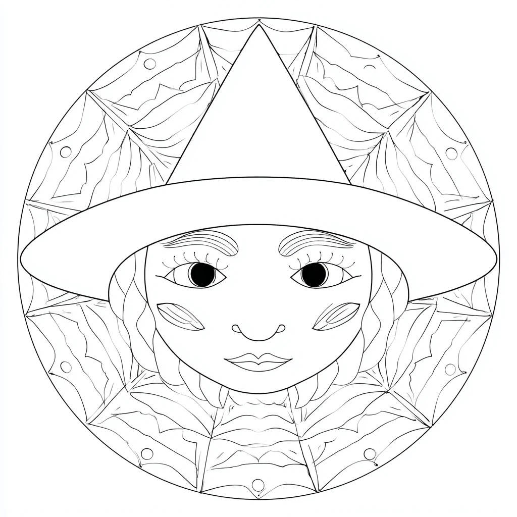 Dibujo de mandala infantil con cara de bruja para colorear Dibujo de mandala infantil con cara de bruja para colorear