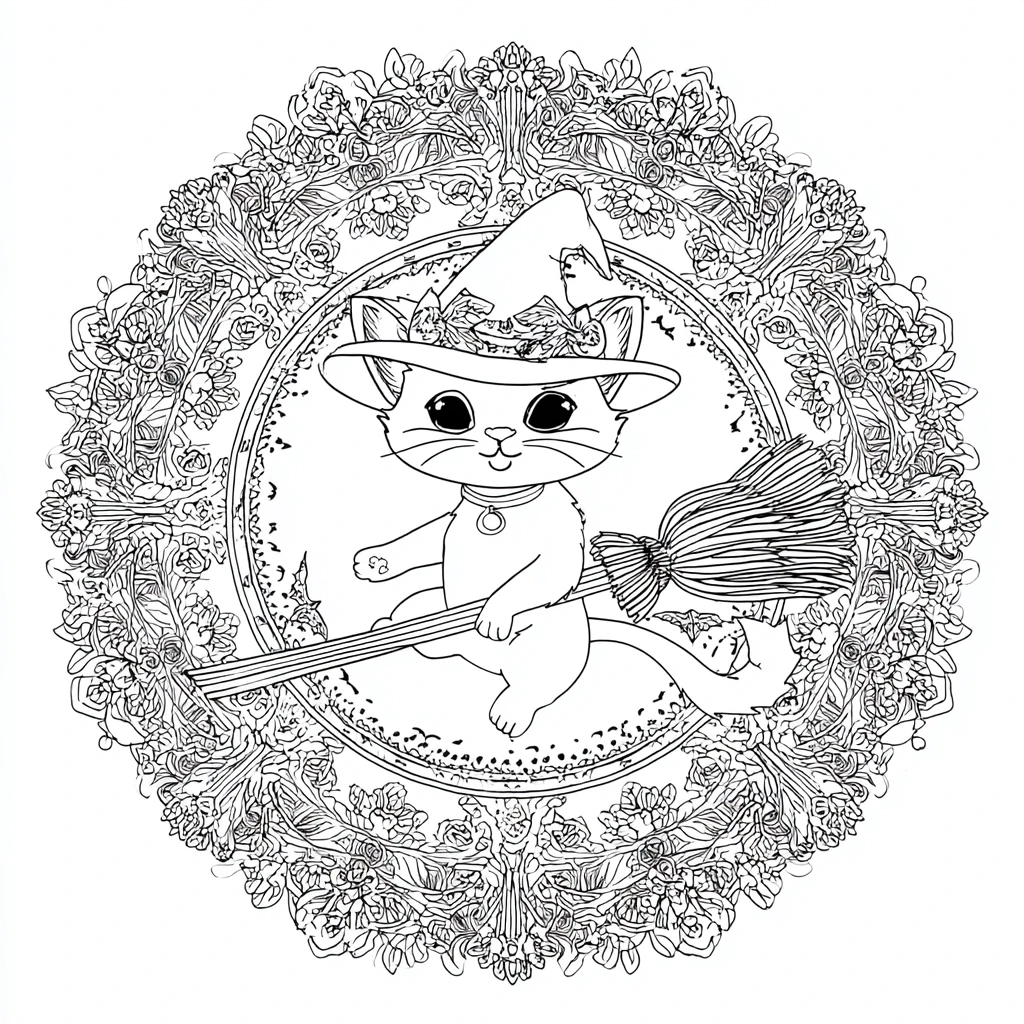 Dibujo de mandala de gatito brujo kawaii para colorear Dibujo de mandala de gatito brujo kawaii para colorear