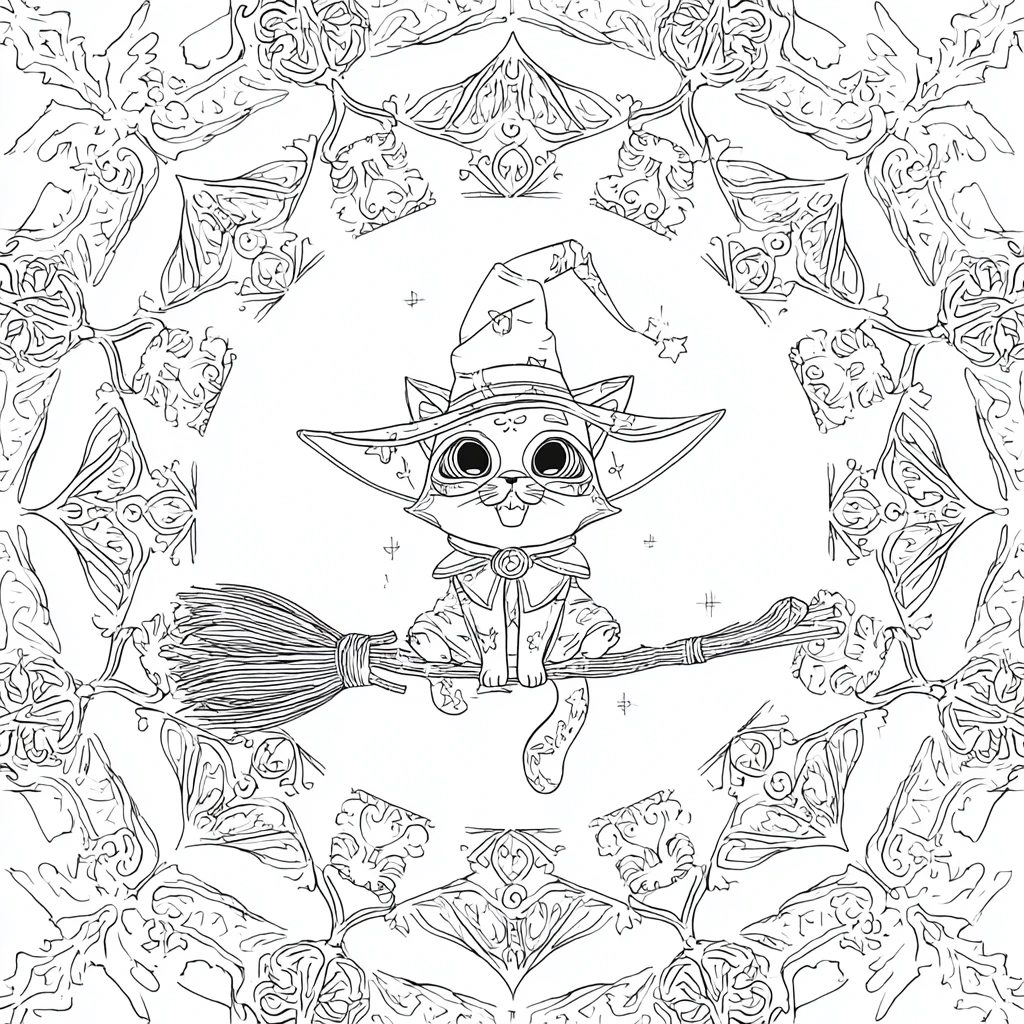 Dibujo de mandala fantástico de gatito brujo para colorear Dibujo de mandala fantástico de gatito brujo para colorear