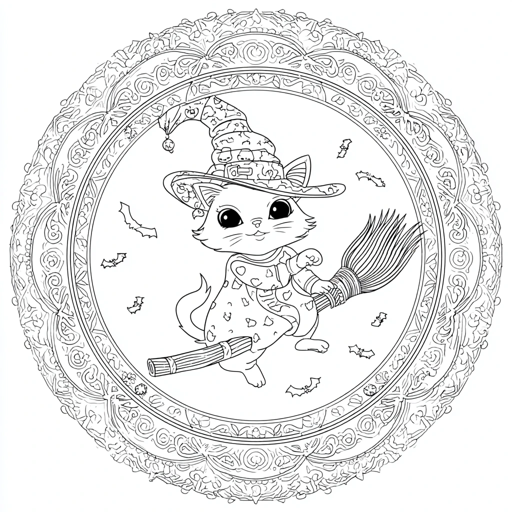 Dibujo de mandala ornamental de gatito brujo kawaii para colorear Dibujo de mandala ornamental de gatito brujo kawaii para colorear