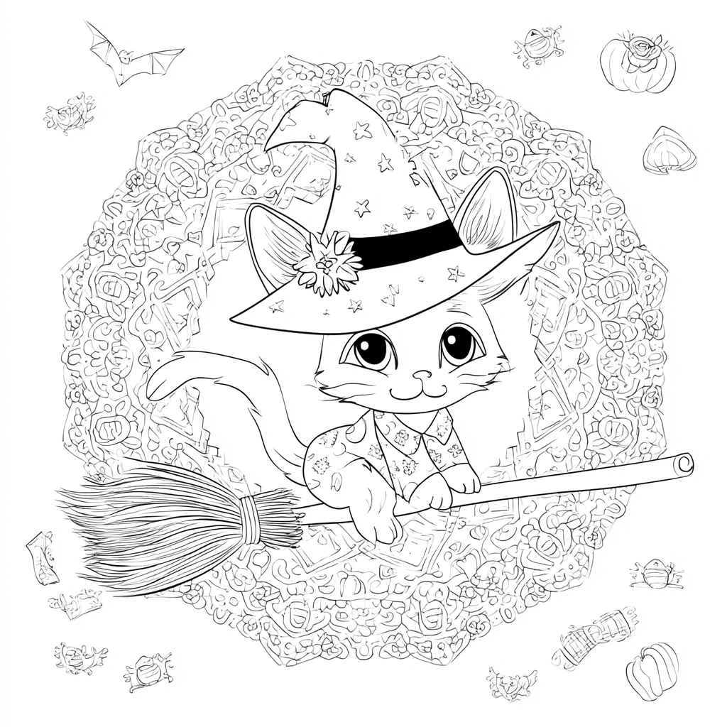 Dibujo de mandala de un adorable gatito brujo para colorear Dibujo de mandala de un adorable gatito brujo para colorear