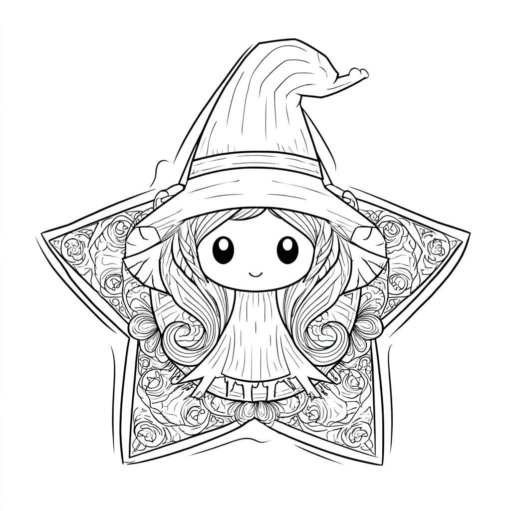 Dibujo de mandala de bruja chibi con estrella decorativa para colorear Dibujo de mandala de bruja chibi con estrella decorativa para colorear
