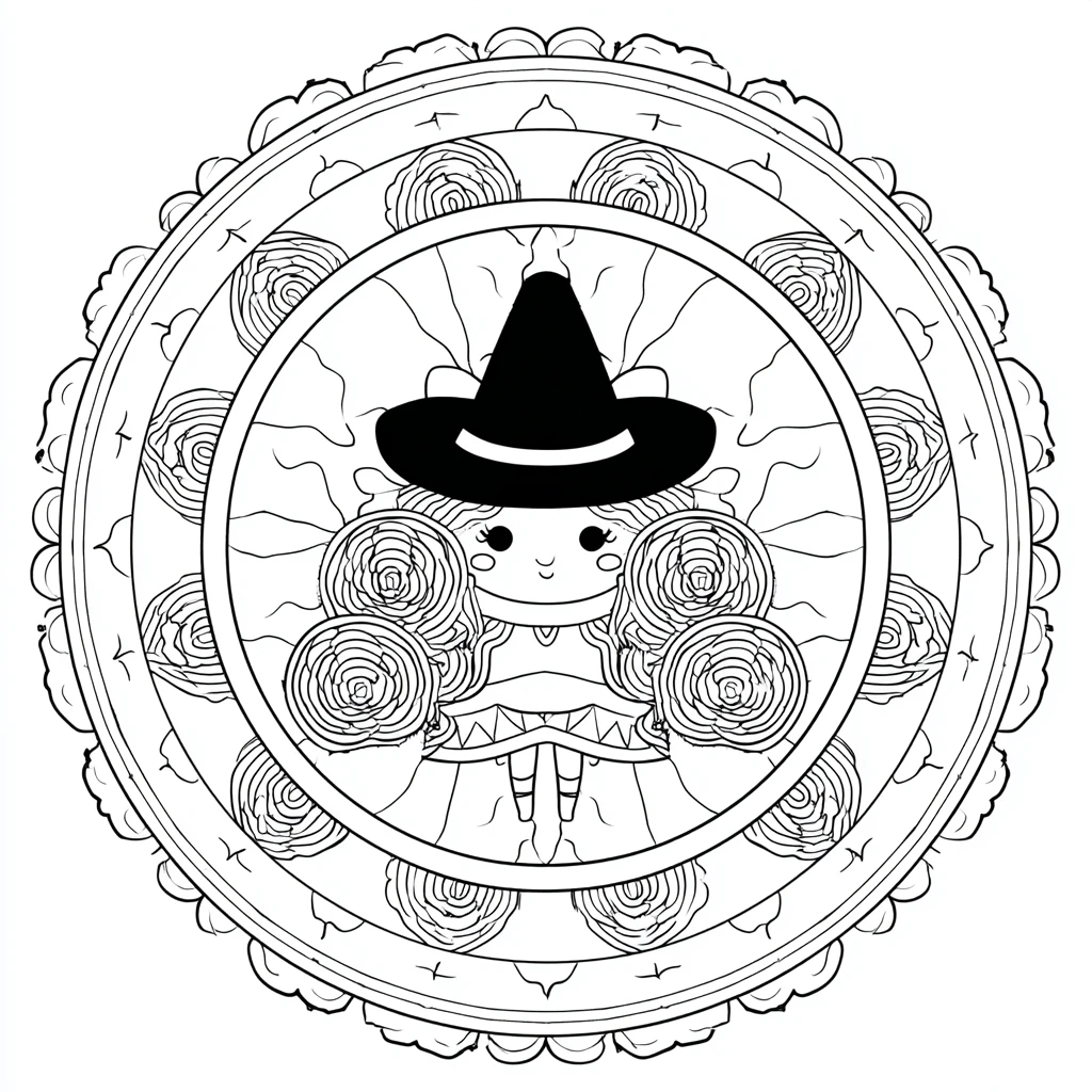Dibujo de mandala de brujita con adornos en espiral para colorear Dibujo de mandala de brujita con adornos en espiral para colorear