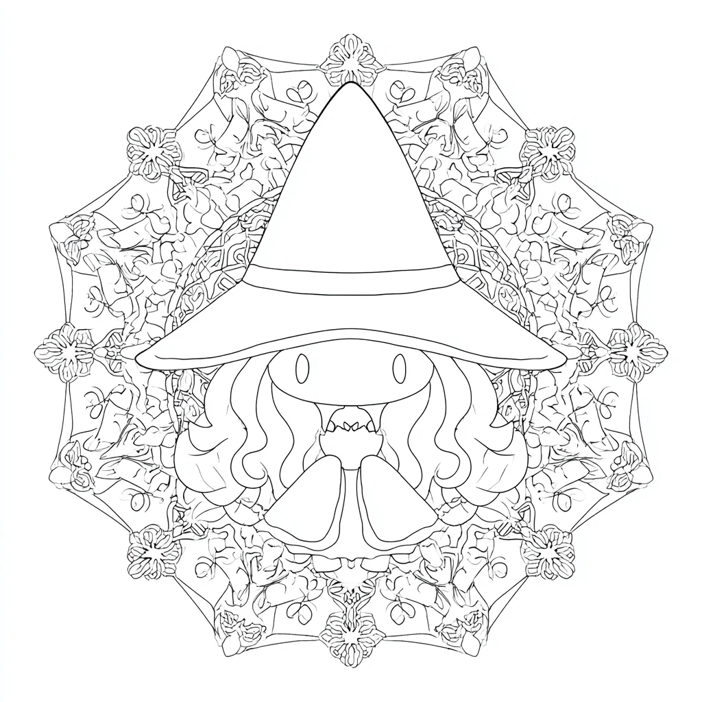 Dibujo de mandala de contorno de bruja chibi para colorear Dibujo de mandala de contorno de bruja chibi para colorear