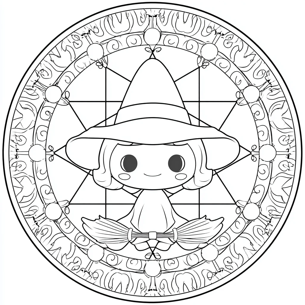 Dibujo de mandala de bruja chibi con símbolos mágicos para colorear Dibujo de mandala de bruja chibi con símbolos mágicos para colorear