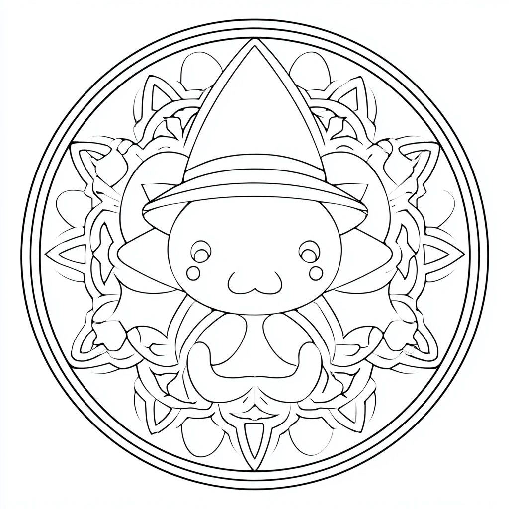 Dibujo de mandala circular simple de bruja kawaii para colorear Dibujo de mandala circular simple de bruja kawaii para colorear