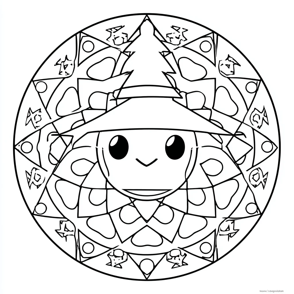 Dibujo de mandala kawaii con cara de bruja para colorear Dibujo de mandala kawaii con cara de bruja para colorear