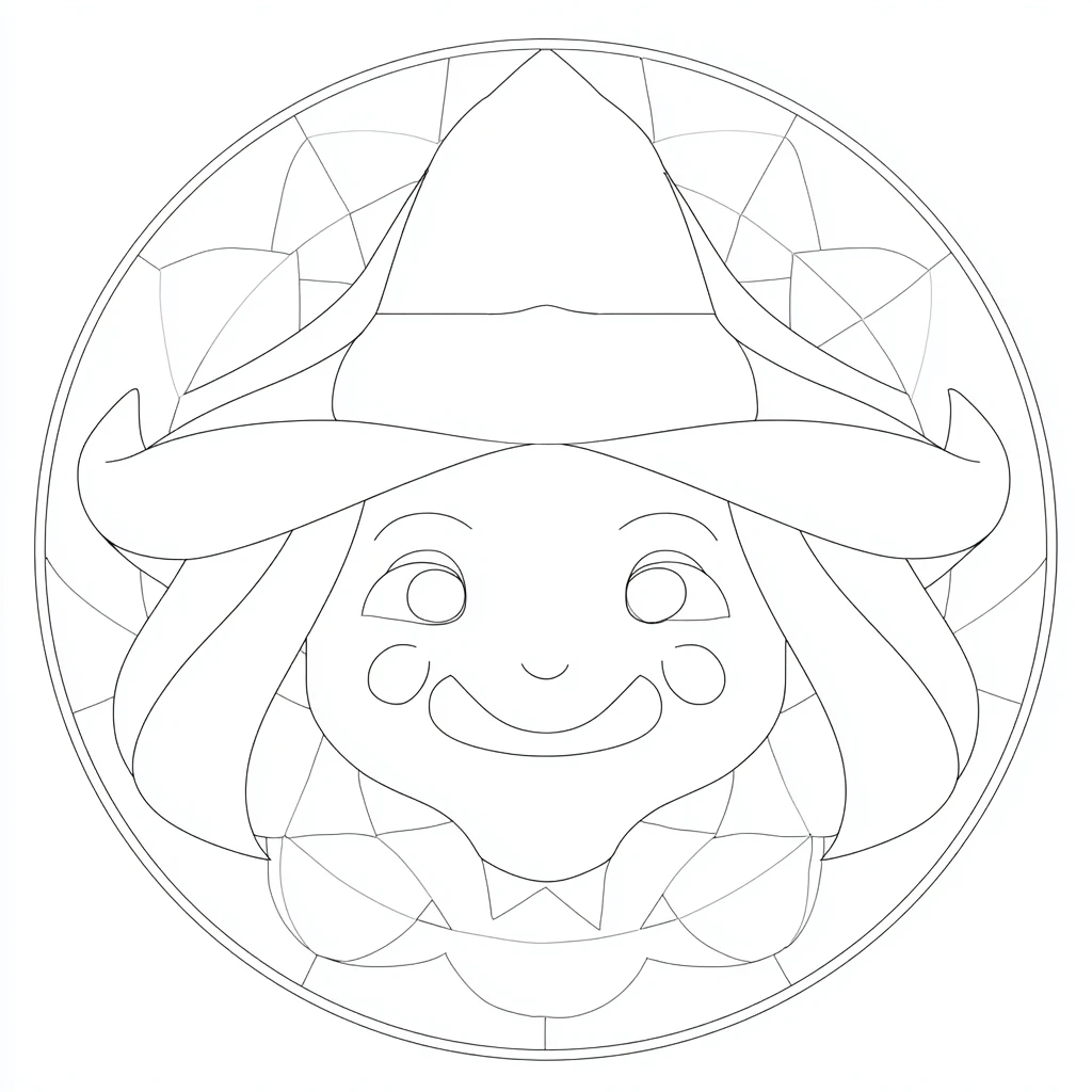 Dibujo de mandala de cara de bruja con líneas finas para colorear Dibujo de mandala de cara de bruja con líneas finas para colorear