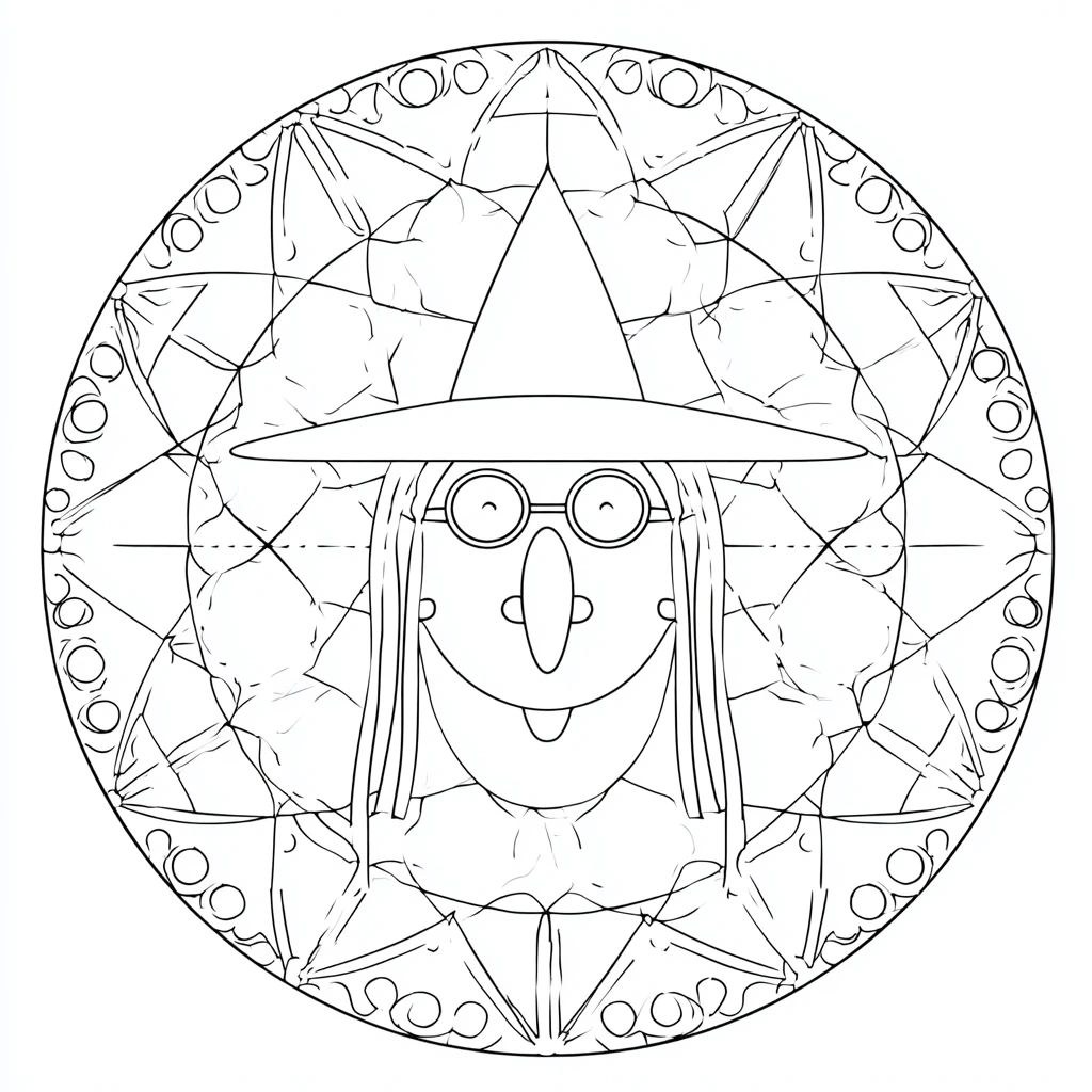Dibujo de mandala circular de bruja cartoon para colorear Dibujo de mandala circular de bruja cartoon para colorear