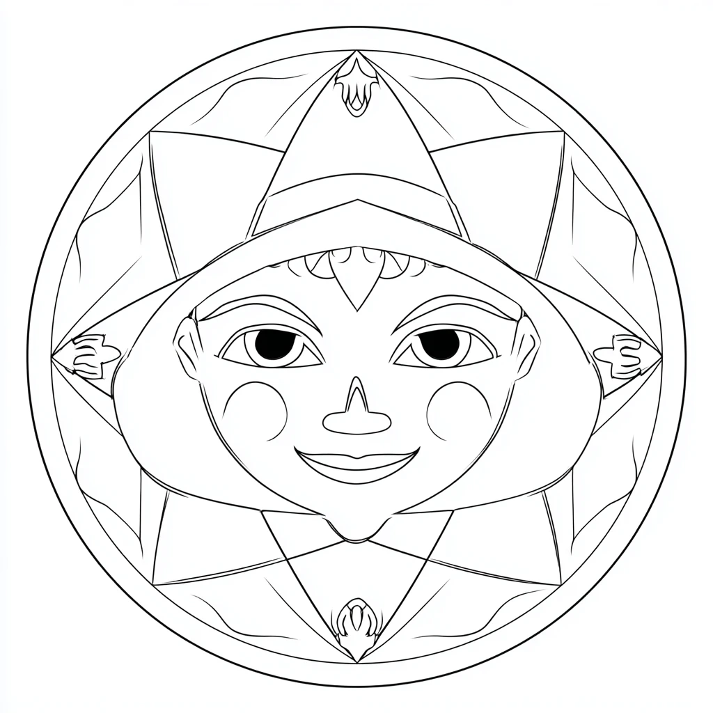 Dibujo de mandala circular con estrella y cara de bruja para colorear Dibujo de mandala circular con estrella y cara de bruja para colorear