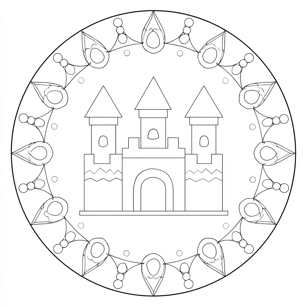 Dibujo de mandala circular de castillo infantil para colorear Dibujo de mandala circular de castillo infantil para colorear
