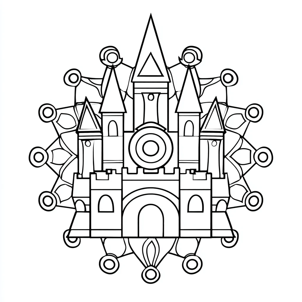 Dibujo de mandala de castillo geométrico con líneas simples para colorear Dibujo de mandala de castillo geométrico con líneas simples para colorear